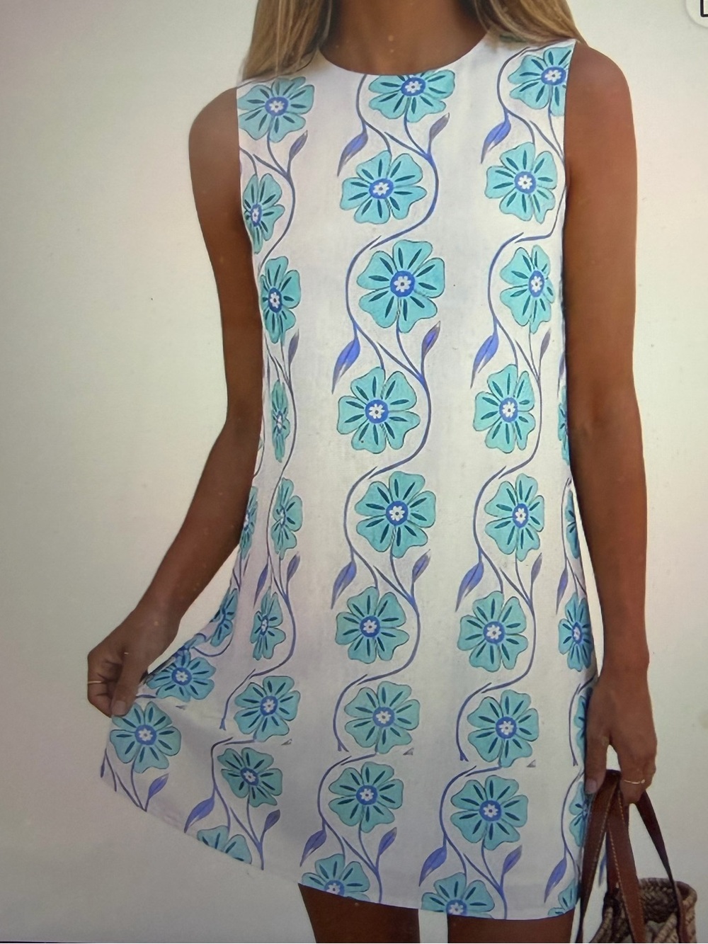 Sleeveless White Shift Dress with Aqua Floral Print- NWT- Size L